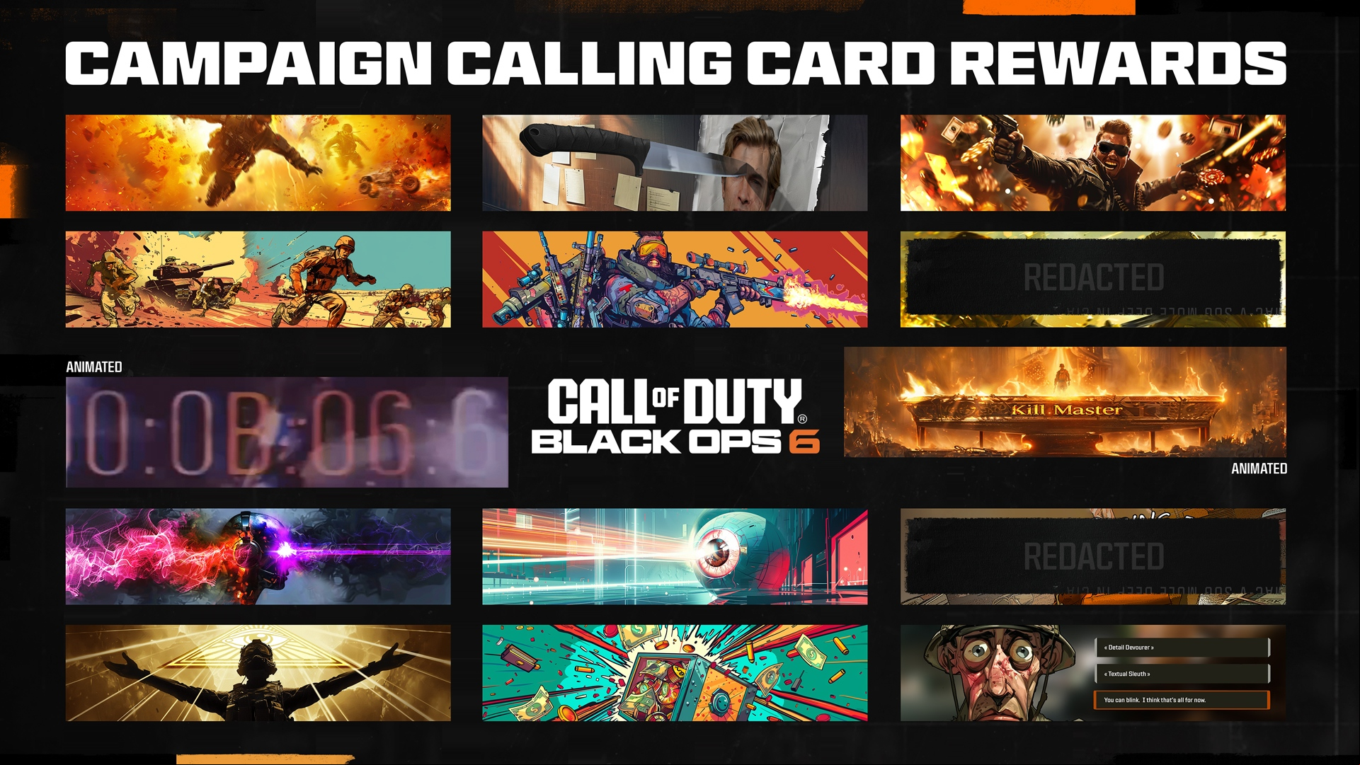 Black Ops 6 campaign rewards: A graphic showing a set of calling cards that can be earned while playing Black Ops 6's campaign