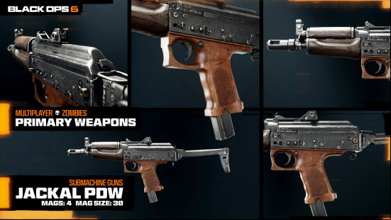 Shots of the Jackal PDW, one of the best Black Ops 6 weapons, from various angles.