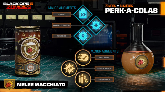 The Melee Machiatto Perk-A-Cola and all unlockable Black Ops 6 Augments available for it.