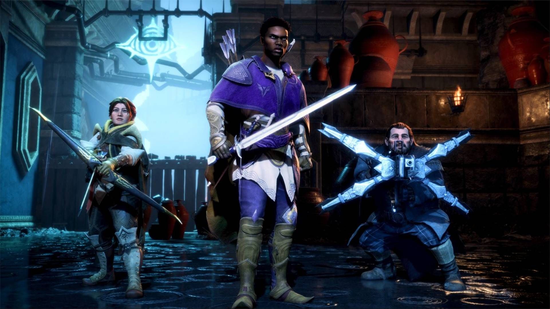 A group of adventurers stand in a tavern area ready for battle