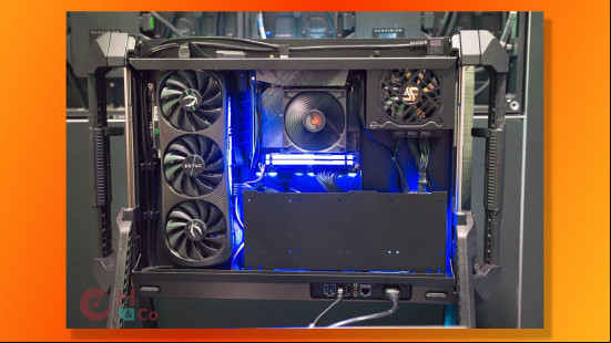 Erazer gaming PC built into a monitor, with a full-size Zotac Nvidia GeForce RTX 4070 Ti graphics card.