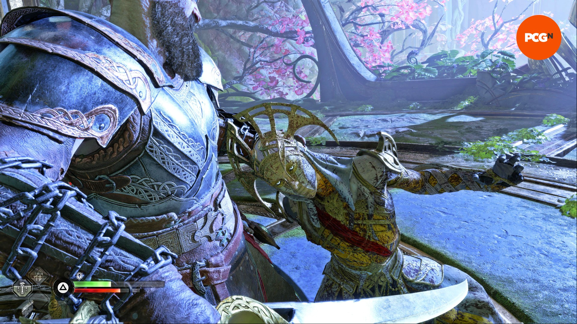 God of War Ragnarok PC impressions: Kratos grasps a Dark Elf in the midst of a tough boss battle, ready to inflict a decisive finisher.