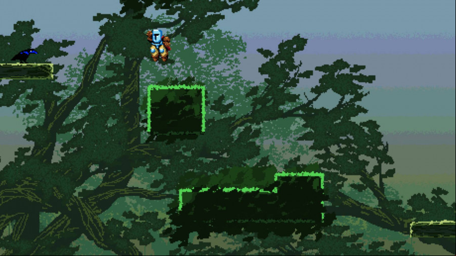 Jump King: A small pixel knight jumps from grassy platform to grassy platform