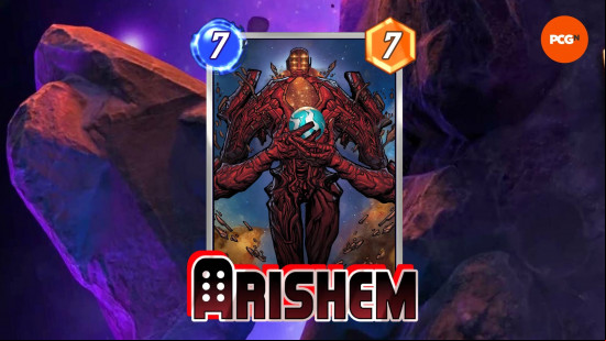 The Arishem card from one of the best Marvel Snap decks in the current meta, including a power of 7 and a cost of 7.