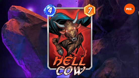 The Hellcow card from one of the best Marvel Snap decks in the current meta, including a power of 7 and a cost of 4.