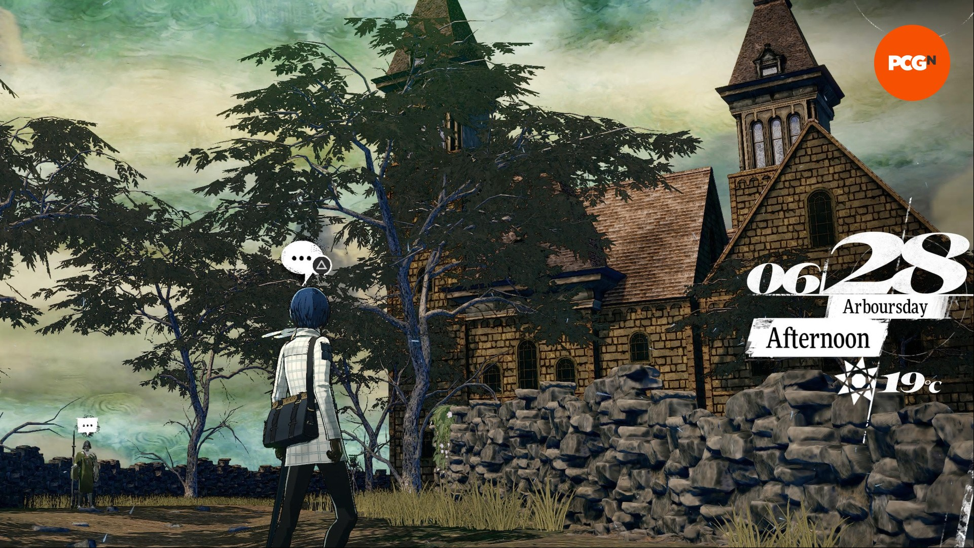 A young man with blue hair stands facing a stone fence and brick house, from Metaphor ReFantazio.