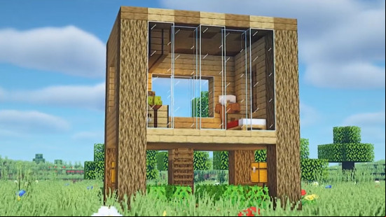 A simple, square, wooden Minecraft house design.