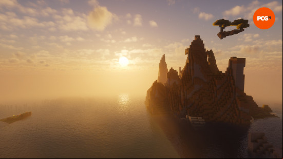 A beautiful sunset over a jagged mountain with one of the best Minecraft shaders installed.