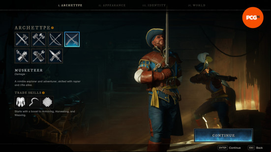 the archetype selection screen of a new world musketeer