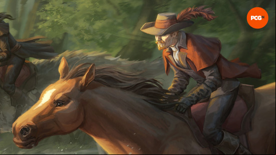 a musketeer riding a horse in new world