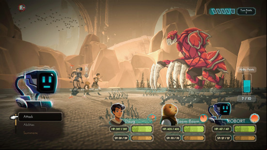Robort the robot takes a turn in battle in Beyond Galaxyland, one of the best PC games like Pokemon.