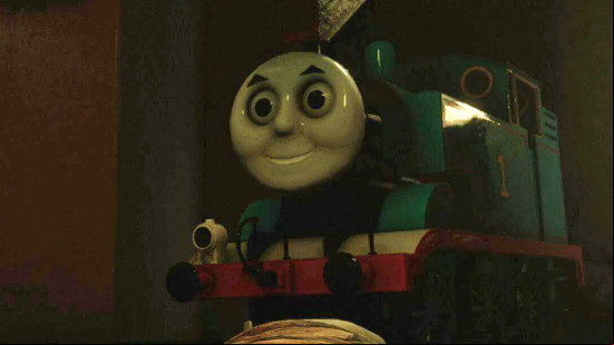 Thomas the Tank Engine's staring face looks upon James Sunderland as the blue train replaces Pyramid Head in the Pyramid the Tank Engine Silent Hill 2 mod.