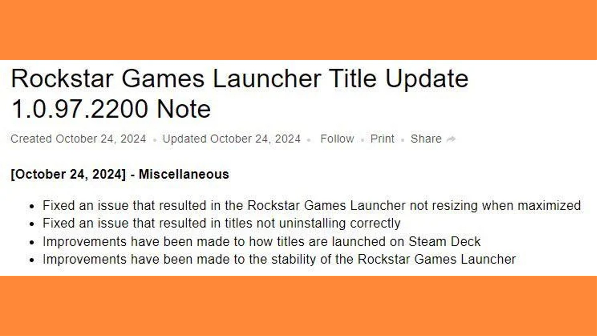 Rockstar Launcher update for Steam Deck patch notes