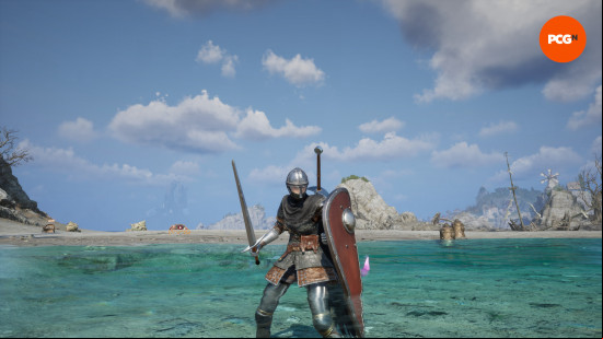 a crusader from throne and liberty standing in water