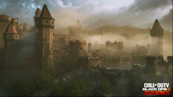 A gloomy medieval castle sits among thick fog in the Zombies map Citadelle Des Morts.
