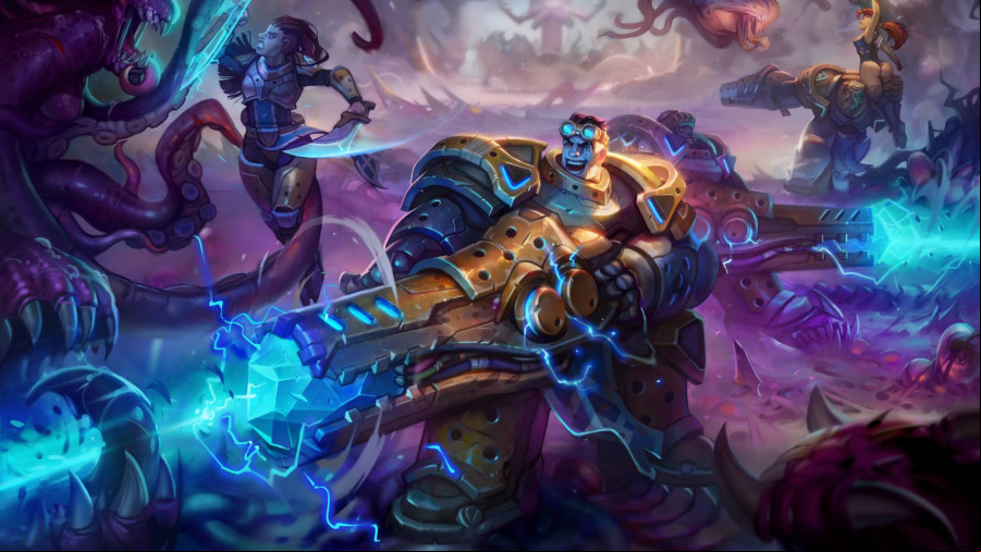 Corepunk: Key art depicting various heroes fighting monsters charging at them.