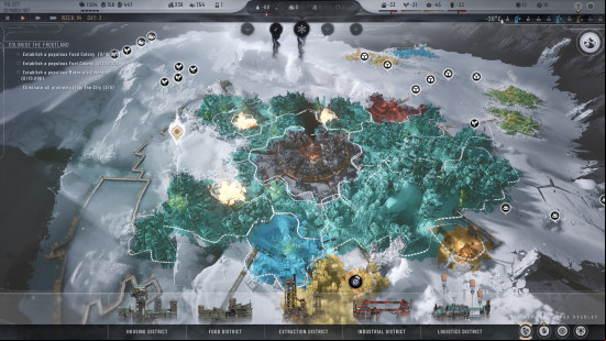 Political games: a birds eye view of a colony in a frozen wasteland, with a heat-generating device in the centre.