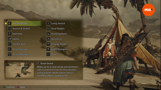 menu showing weapon selection of the great sword in monster hunter wilds