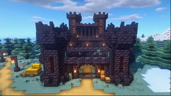 A Blackstone Minecraft castle in a snowy taiga biome.