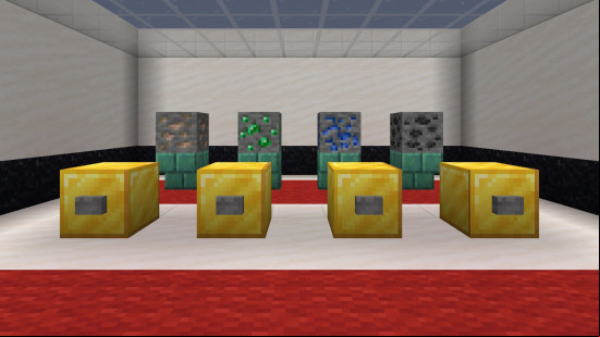 Four Minecraft ore blocks lined up in a game of odd one out, part of What Doesn't Belong, one of the best Minecraft puzzle maps.