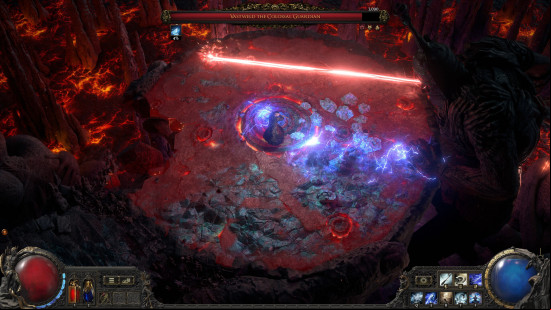 Best games like Diablo: a birds eye view of a battle, with a man wearing robes bracing for an impact while a red laser streaks above his head.