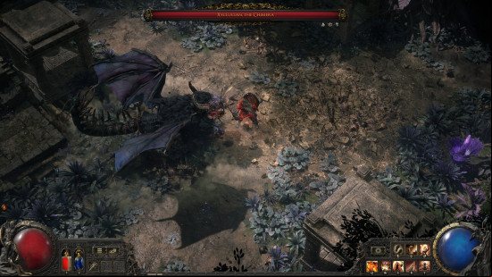 poe2-warrior-fight Path of Exile 2 Warrior class: a birds eye view of a fight between a hulking warrior and a gigantic chimera.