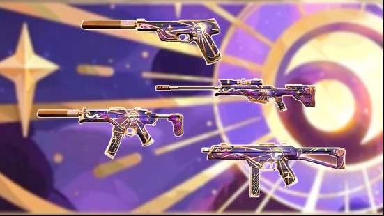 Four of the purple and gold Celestia Valorant skins available as part of the Season 2025 Battle .