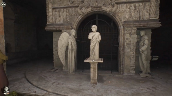 A statue in front of a arch and gate in Indiana Jones and the Great Circle.