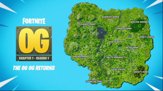 The Fortnite OG map featuring locations such as Dusty Depot and Flush Factory.