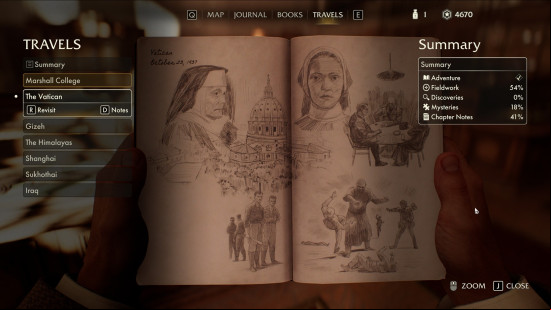indiana-jones-book-travels Indiana Jones and the Great Circle missions: a journal filled with drawings of nuns and places of interest.