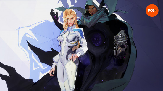 Marvel Rivals characters: two superheroes, one wearing a black cloak and the other a white bodysuit.