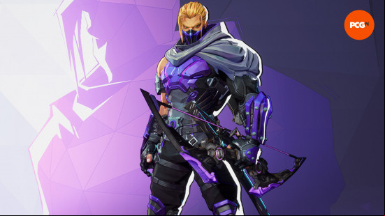 Marvel Rivals characters: a superhero wearing a purple suit. He is holding a bow.