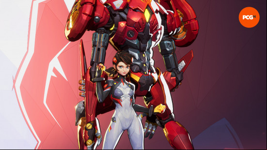 Marvel Rivals characters: a superhero stands in front of their large mech suit.