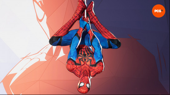 Marvel Rivals characters: a superhero wearing a red and blue bodysuit. He is hanging upside down from a web.