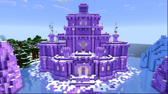 A beautiful Minecraft castle built from amethyst and surrounded by ice and snow.