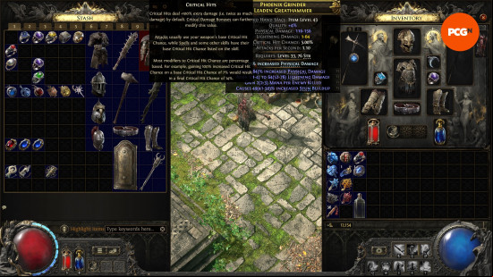 Path of Exile 2 early access impressions - A player inspects their Leaden Greathammer, using the tooltips to learn about Critical Hits.