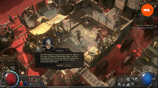 Path of Exile 2 early accses impressions - A Warrior speaks with Shambrin in camp.