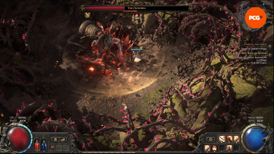 Path of Exile 2 early access impressions - A Warrior takes on The Crowbell, a giant bird wielding a large bell.