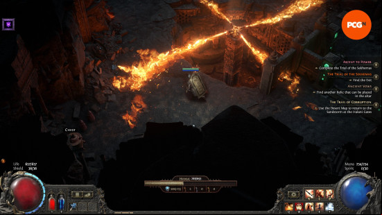 Path of Exile 2 early access impressions - A Warrior completes the Trial of the Sekhemas, dodging between rotating jets of flame.