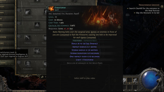 the tooltip for the firestorm spell in path of exile 2