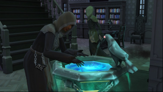the sims 4 life and death the character brews in a cauldron with a raven