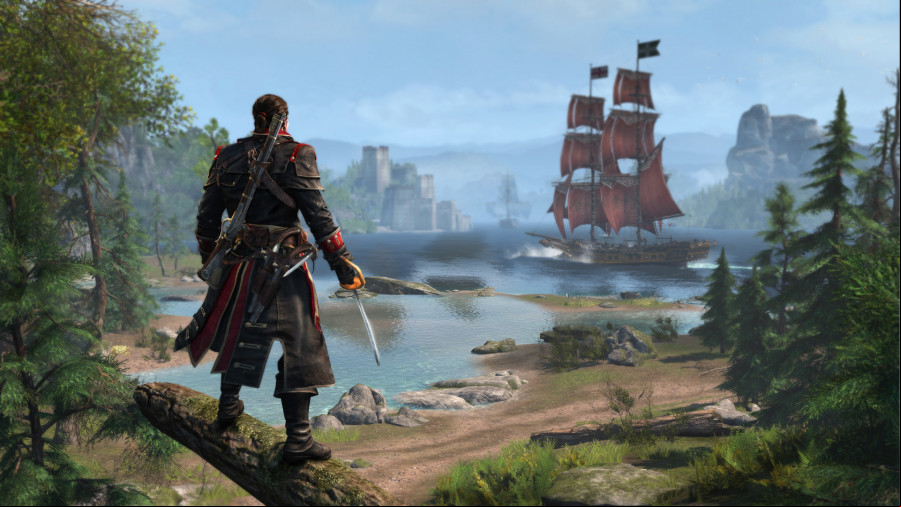 Assassin's Creed Rogue - A man in a long black-and-red coat looks out at a ship in the water.