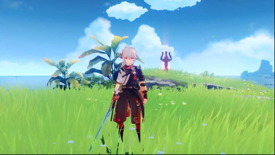Best anime games: Genshin Impact. Image shows a person standing in a bright field.