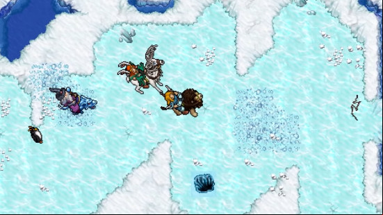 Best browser games: Tibia. Image shows heroes riding a flying lion across the clouds. Also a penguin is there.
