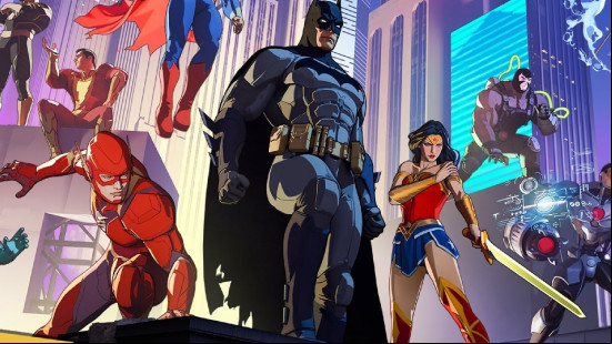 Best strategy games: DC Dark Legion. Image shows a group of DC super heroes standing dynamically in a city.