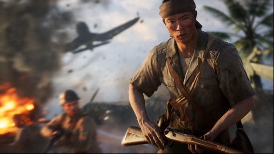 best plane games: a ww2 soldier running toward the camera with a plane flying just behind.