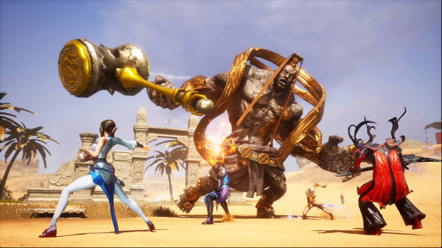 Blade and Soul: A group of fighters take on a hulking golem with a golden helmet in a sandy area