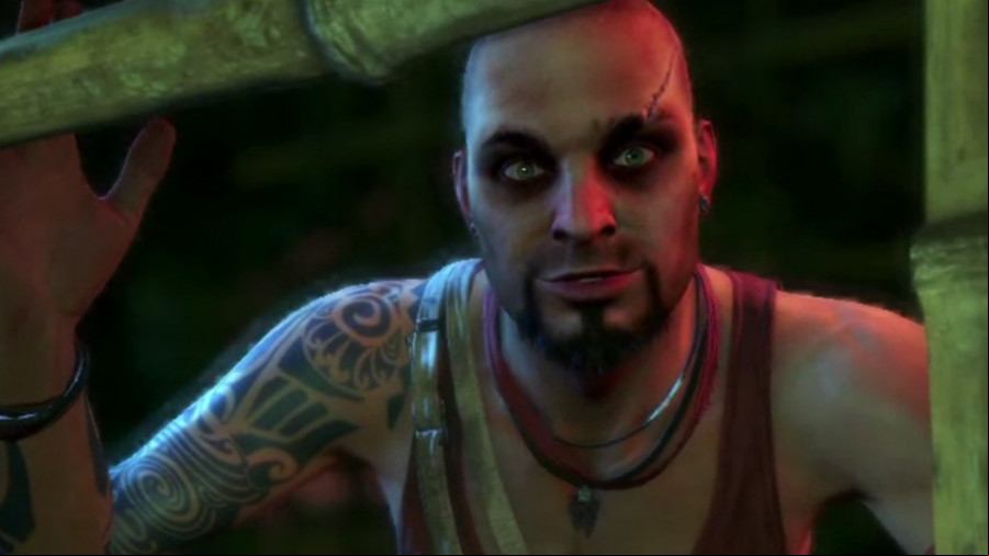 Far Cry 3 - Antagonist Vaas looks at you through the bars of a bamboo cage.