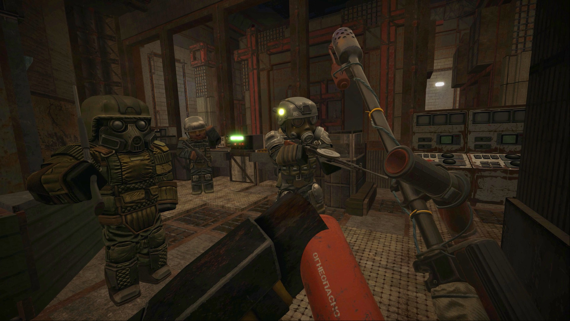 Free MMOs: Stalcraft. Image shows the player holding a gun towards three armored characters in a screenshot from the game.