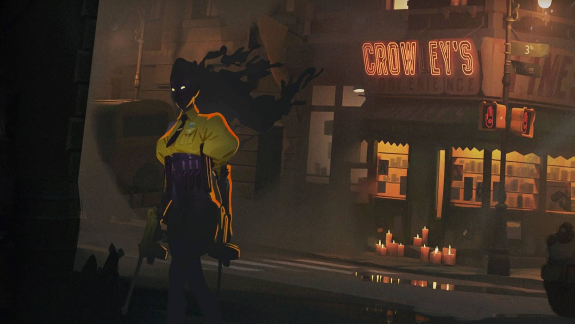 Free Steam games: Deadlock. Image shows a mysterious character standing on the dark streets of New York.